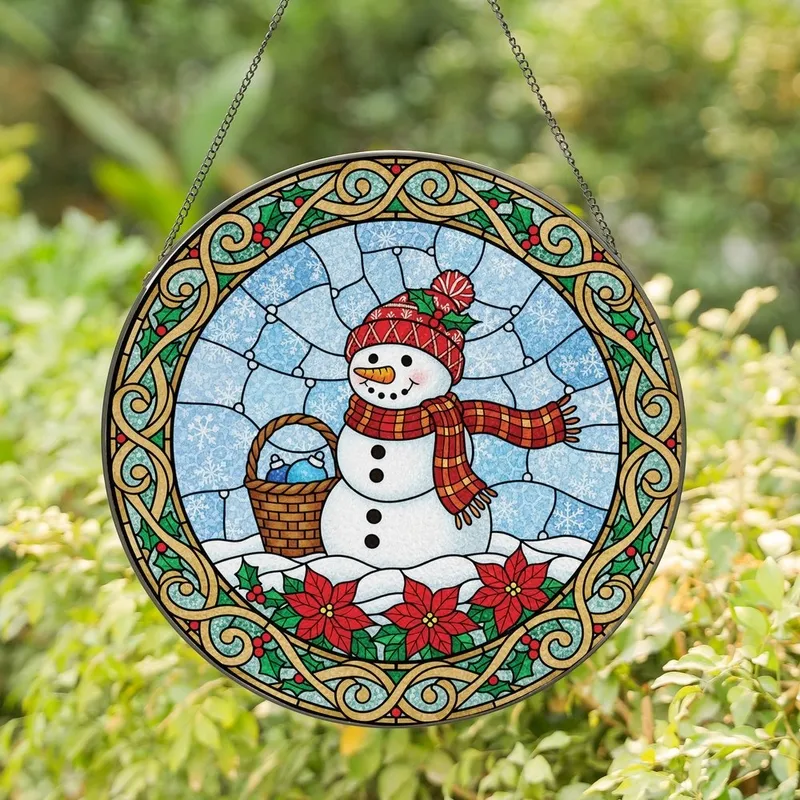 Holiday Decor Lovers' Stained Glass Snowman, Holly, Poinsettia, Plaid Scarf, Tiffany Jewel Tones Stained Glass Suncatcher - R2GStClMP1