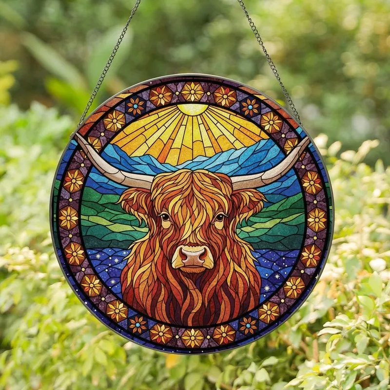 Art & Nature Lovers' Majestic Highland Cow Tiffany Stained Glass Sunburst Starry Night Jewel Tones Stained Glass Suncatcher - S3hDQs8U_Y