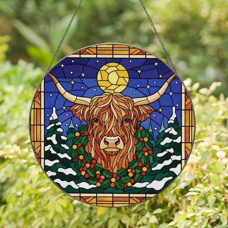 Highland Cow & Holiday Art Lovers' Intricate Stained Glass Cow, Festive Wreath, Amber Night Sky, Winter Forest, Gold Geometric Border Stained Glass Suncatcher - 1