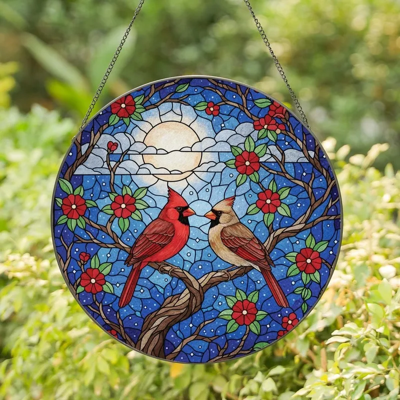 Bird Lovers' Vibrant Cardinal Pair Tiffany Style Stained Glass Full Moon Mosaic Stained Glass Suncatcher - ulbd-Gfomf