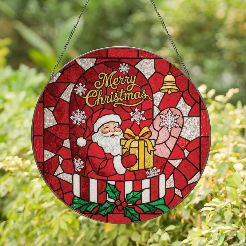 Christmas Enthusiasts' Tiffany Style Stained Glass Jolly Santa Mitten, Red Jewel Tones, Holly, Golden Script Stained Glass Suncatcher - SiuhjbcuWq