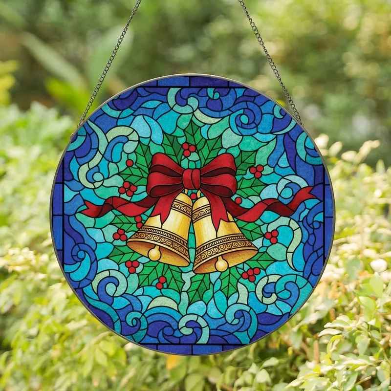 Holiday Enthusiasts' Ornate Golden Christmas Bell Emerald Holly Stained Glass Teal Sapphire Mosaic Stained Glass Suncatcher - 1