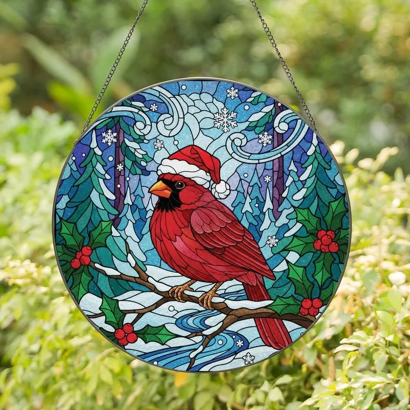 Christmas Lovers' Tiffany Stained Glass Cardinal Santa Hat Holly Winter Forest Mosaic Ruby Red Green Jewel Tones Stained Glass Suncatcher - aKyseR9X9z