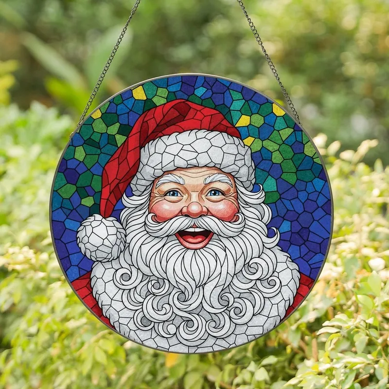 Christmas Lovers' Jolly Santa Stained Glass Mosaic, Vibrant Tiffany Style Jewel Tone Christmas Pattern with Black Lead Lines Stained Glass Suncatcher - 1