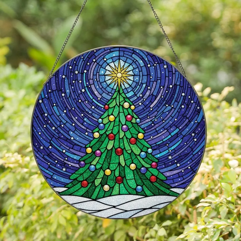 Christmas Lover's Intricate Stained Glass Christmas Tree Jewel Tones Winter Night Sky Mosaic Stained Glass Suncatcher - 1