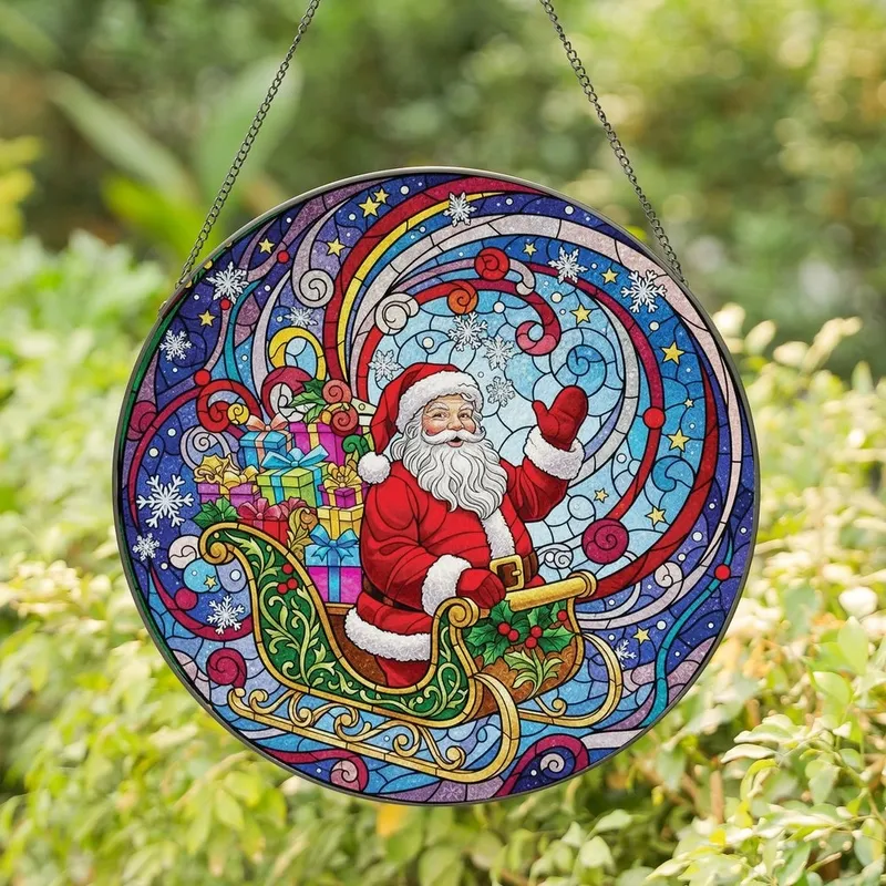 Holiday Enthusiasts' Cheerful Santa Stained Glass, Jewel Tone Red Gold Green Winter Night Mosaic Stained Glass Suncatcher - 1