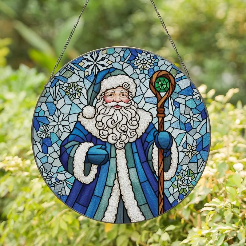 Christmas Enthusiasts' Tiffany Style Stained Glass Santa Icy Blue Emerald Green Mosaic Stained Glass Suncatcher - 1