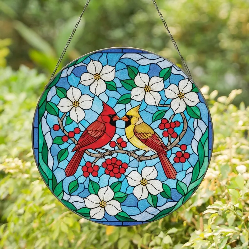Nature Art Enthusiasts' Vibrant Stained Glass Cardinal Couple Tiffany Blossom Jewel Tones Stained Glass Suncatcher - hsPws9Z_Di