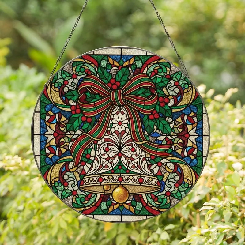 Christmas Enthusiasts' Ornate Stained Glass Christmas Bell, Holly & Ribbon Jewel Tone Mosaic Stained Glass Suncatcher - 1