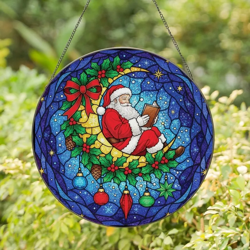 Holiday Art Lovers' Detailed Tiffany Stained Glass Santa Moon Reading Holly Berries Celestial Winter Mosaic Red Green Gold Stained Glass Suncatcher - LIWbRT1pAN
