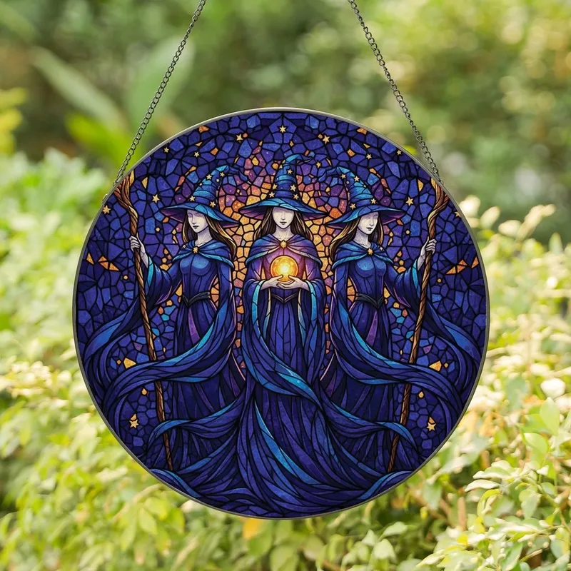 Fantasy Art Lovers' Mystical Stained Glass Witches Jewel Tone Blue Orange Purple Gold Mosaic Stained Glass Suncatcher - ss9-2j-o_2