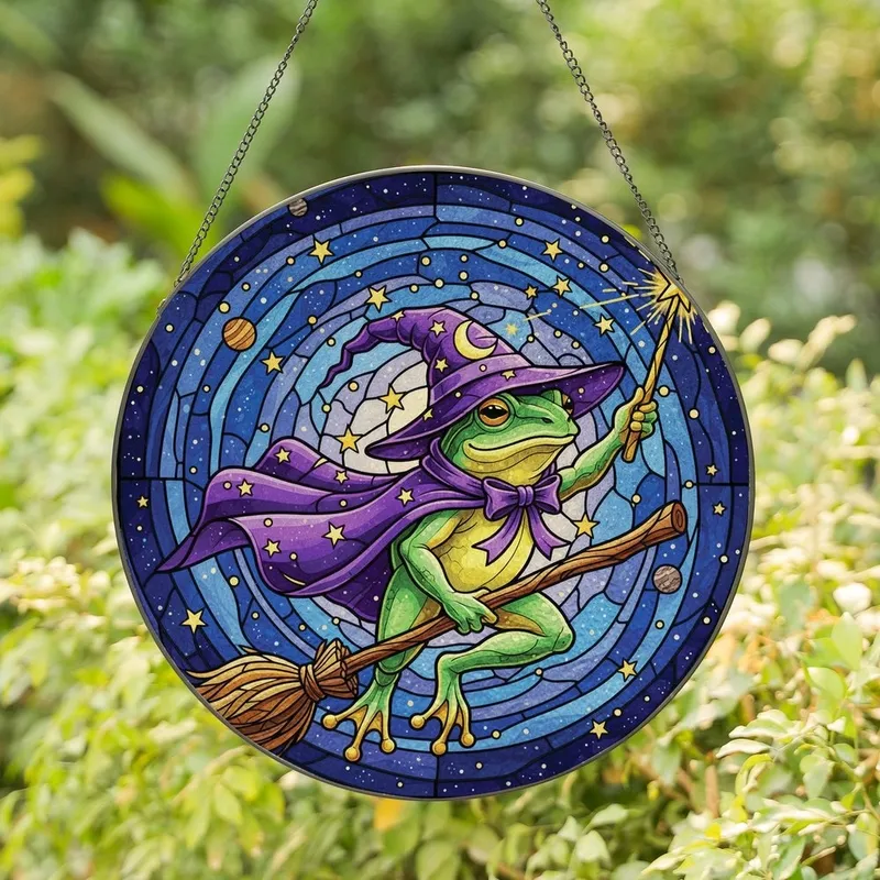 Witchy Aesthetic Fans Vibrant Stained Glass Frog Witch Purple Hat Broomstick Cosmic Night Sky Art Stained Glass Suncatcher - aiFQm-dTZr