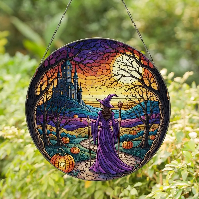 Fantasy Art Lovers' Tiffany Style Witch Gothic Castle Radiant Moon Sunset Orange Purple Stained Glass Art Stained Glass Suncatcher - 1