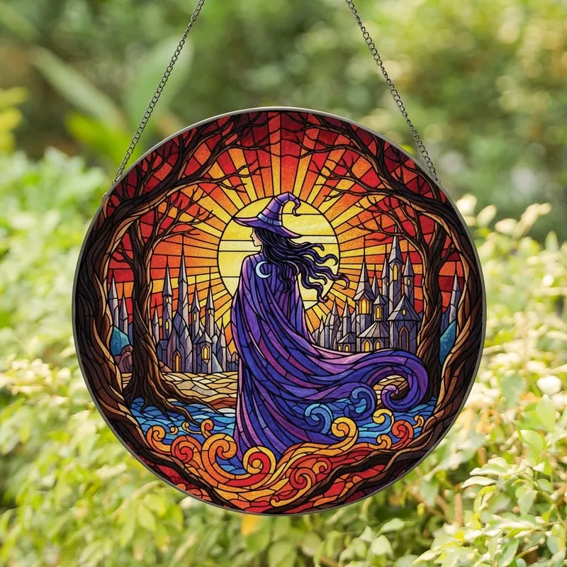 Fantasy Art Lovers' Intricate Stained Glass Witch Art Fiery Sunset Landscape Mosaic Glowing Lantern Stained Glass Suncatcher - 1