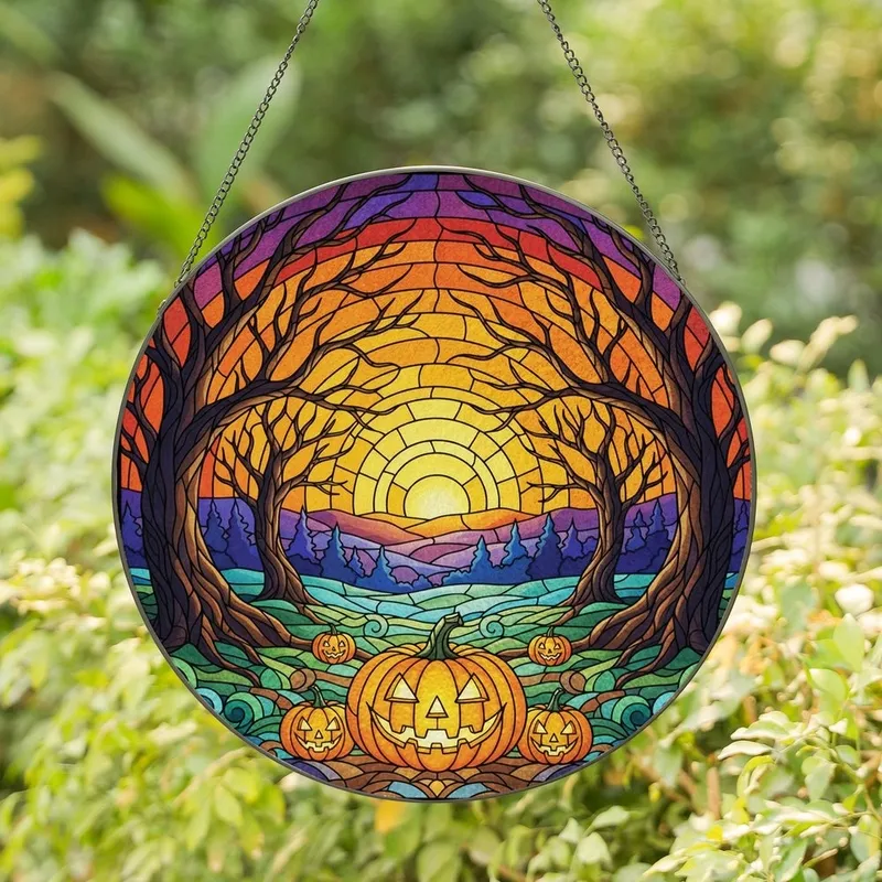 Halloween Enthusiasts' Intricate Glowing Jewel-Tone Tiffany Stained Glass Jack-o'-lantern Sunset Stained Glass Suncatcher - 1