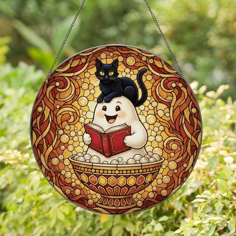 Whimsical Art Lovers' Tiffany Style Stained Glass Cheerful Ghost Black Cat Amber Red Mosaic Stained Glass Suncatcher - 1
