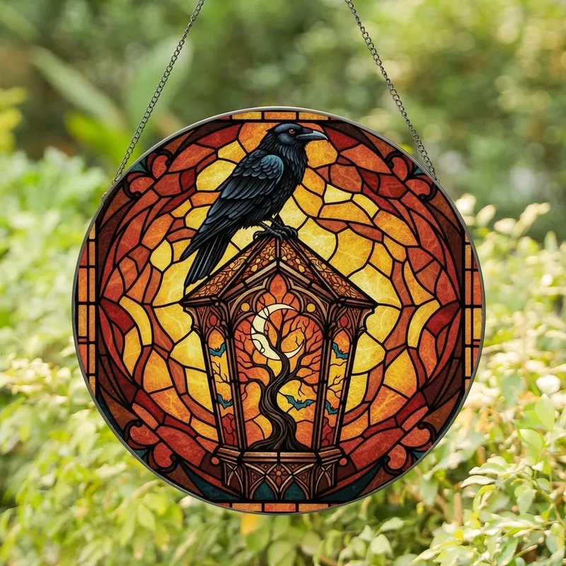 Gothic Art Lovers' Tiffany Style Stained Glass Raven Lantern Moon Gnarled Tree Bat Teal Amber Mosaic Stained Glass Suncatcher - 1