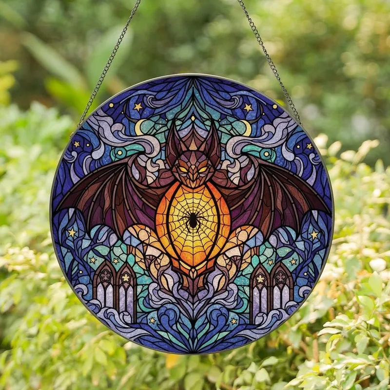 Dark Fantasy Art Fans' Tiffany Stained Glass Bat Lantern Spiderweb Intricate Purple Orange Amber Stained Glass Suncatcher - 1