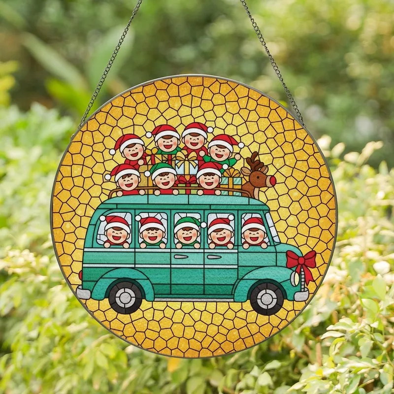 Family Christmas Lovers' Glowing Teal Stained Glass Vintage Car Holiday Kids & Gifts Mosaic Stained Glass Suncatcher - 1