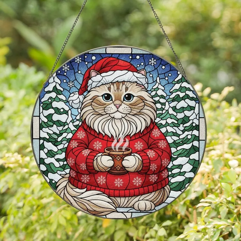 Cat Lovers' Vibrant Tiffany Stained Glass Fluffy Cat Red Santa Hat Blue Eyes Winter Wonderland Mosaic Stained Glass Suncatcher - 6jF0WKNBCG