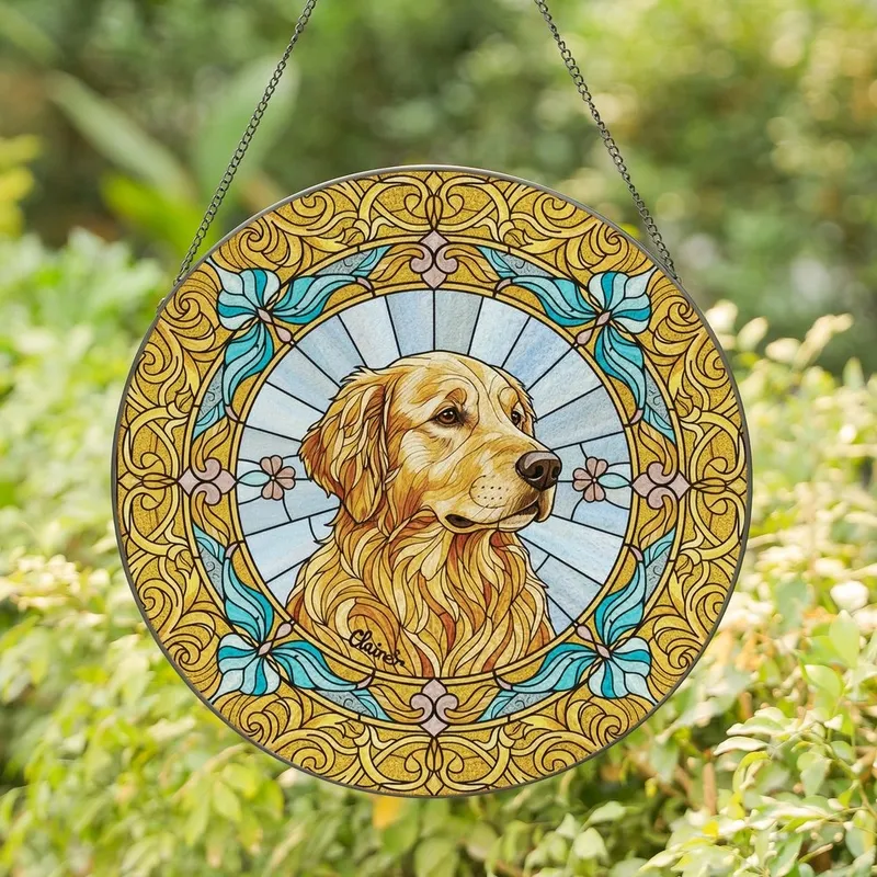 Golden Retriever Lovers' Tiffany Stained Glass Golden Amber Filigree Butterfly Clover Dog Portrait Stained Glass Suncatcher - S2ezc-g0Tx