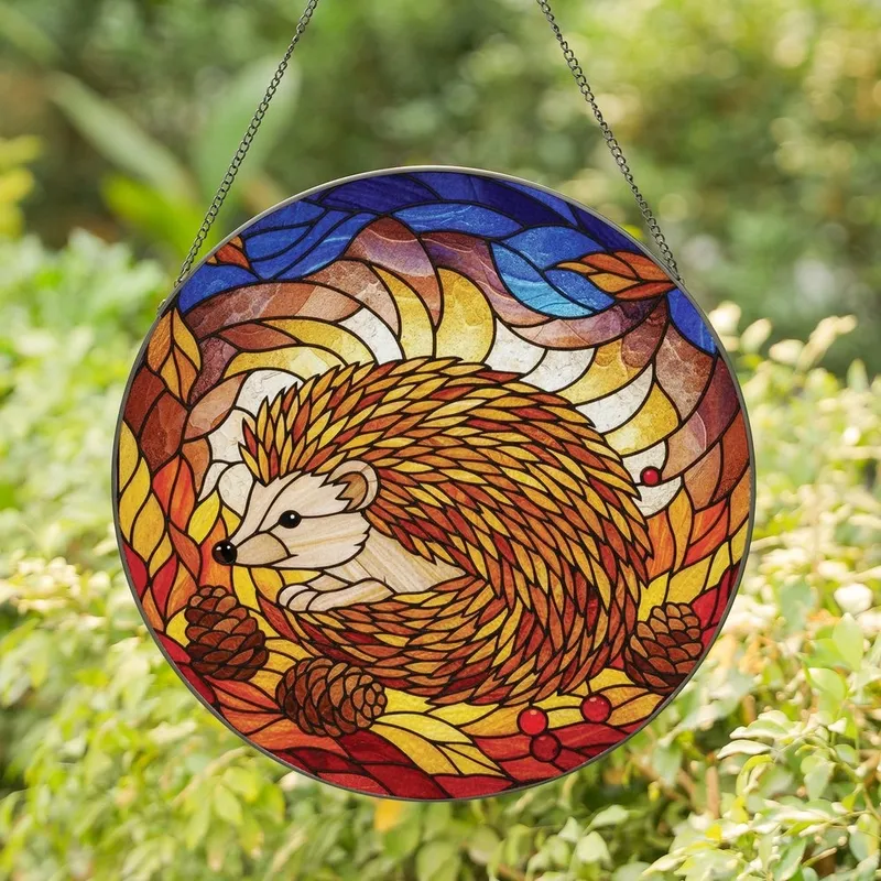 Nature Lovers' Tiffany Style Stained Glass Hedgehog Autumn Leaves Pinecones Jewel Tone Mosaic Pattern Stained Glass Suncatcher - 1