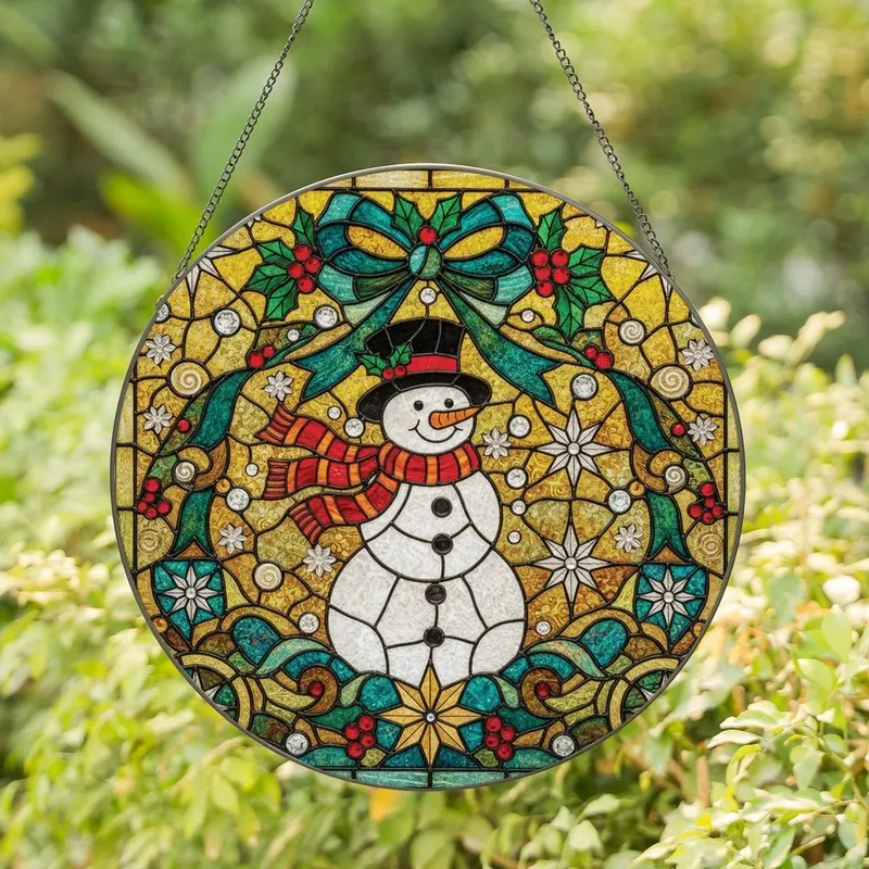 Holiday Art Lovers' Cheerful Snowman Tiffany Stained Glass Mosaic Golden Yellow Deep Teal Red Stained Glass Suncatcher - _Xmu96j0H7
