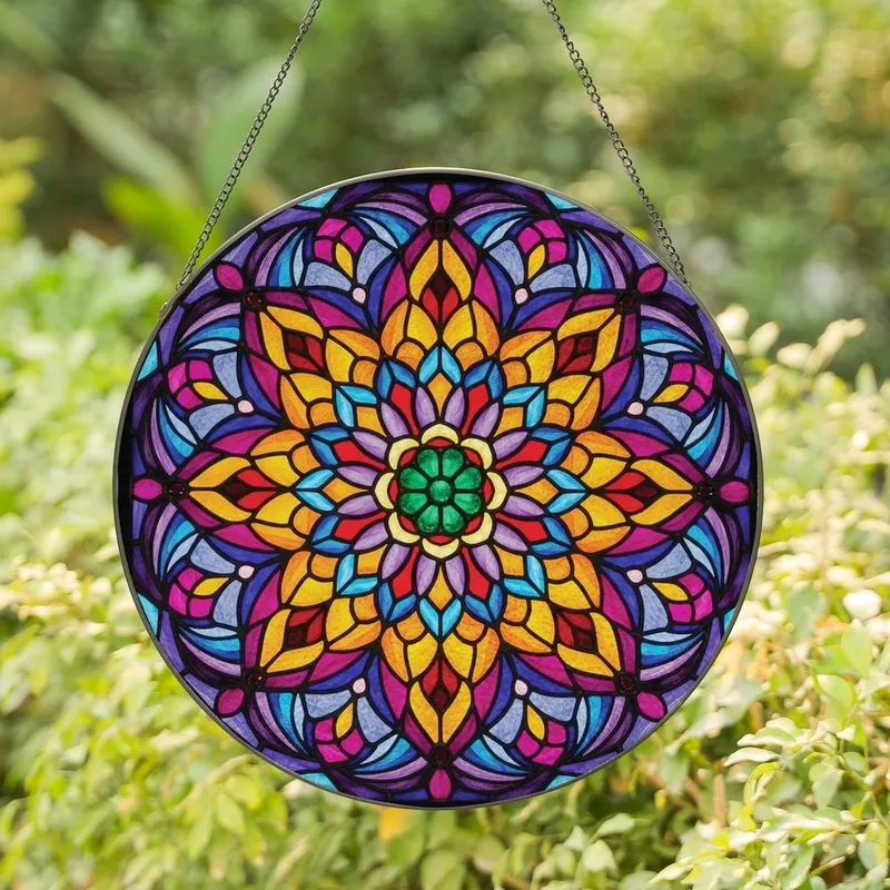 Art Lovers' Vibrant Tiffany Stained Glass Lotus Mandala Orange Purple Blue Design Stained Glass Suncatcher - 1