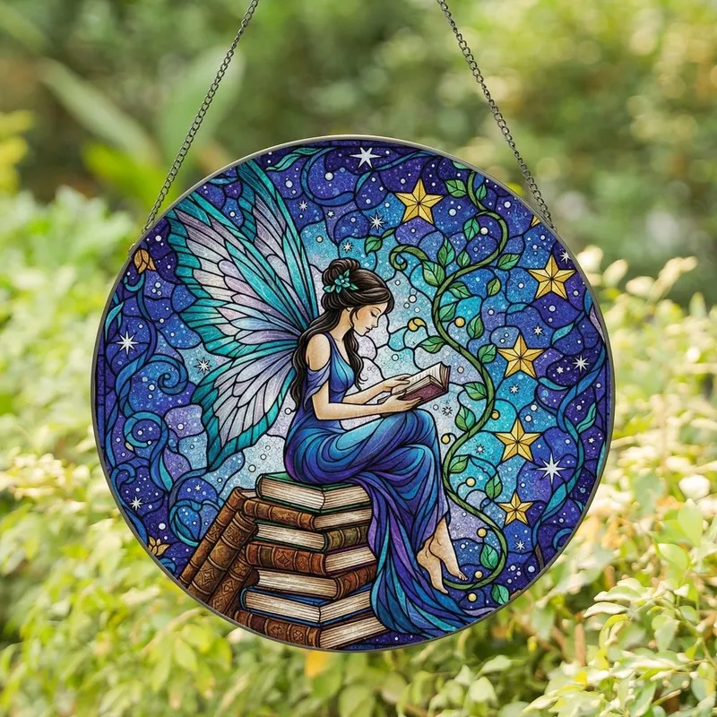 Fantasy Art Lovers' Intricate Tiffany Stained Glass Fairy Reading Books Celestial Night Sky Jewel Tones Stained Glass Suncatcher - 1