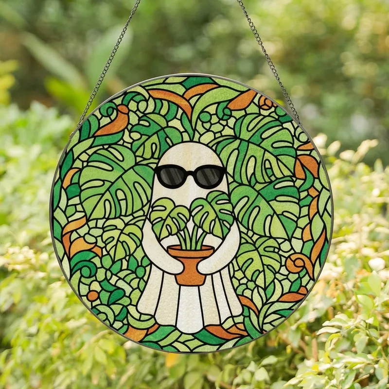 Whimsical Art Lovers' Stained Glass Ghost & Monstera Plant Jewel Tone Mosaic Stained Glass Suncatcher - 1