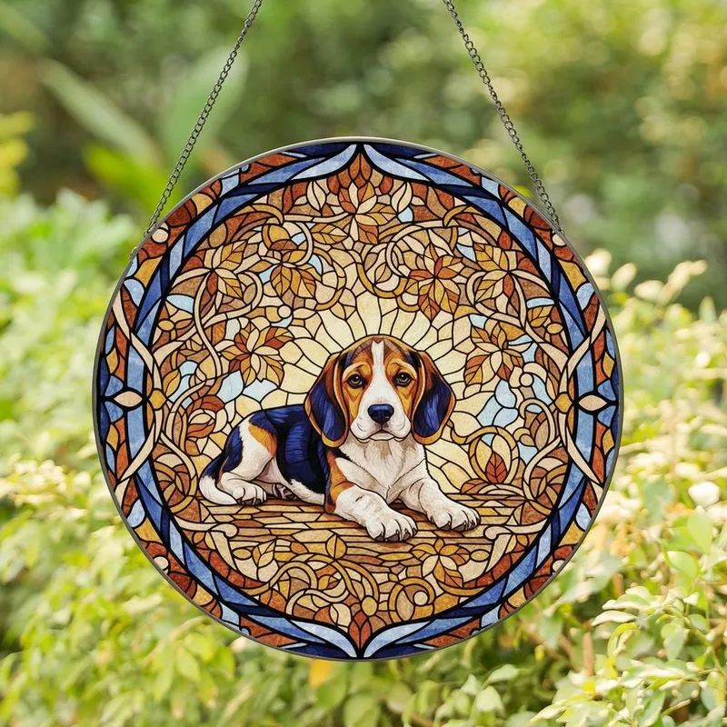 Beagle Lovers' Tiffany Stained Glass Tricolor Beagle Puppy Amber Indigo Mosaic Stained Glass Suncatcher - 1