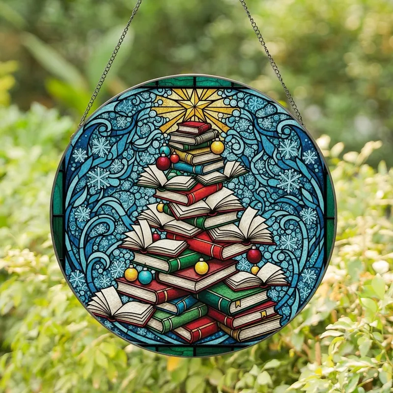 Literary Enthusiasts' Edge-to-Edge Stained Glass Book Tree Emerald Ruby Aqua Winter Wonderland Stained Glass Suncatcher - 1