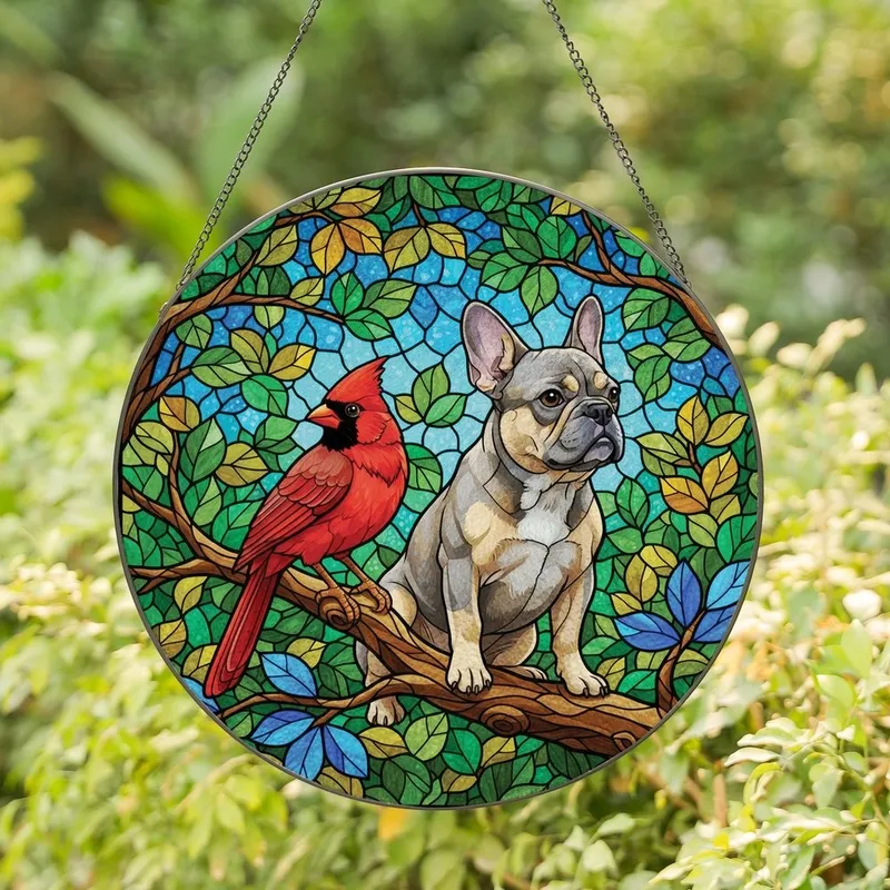 Pet Lovers' Tiffany Stained Glass Ruby Cardinal French Bulldog Intricate Nature Mosaic Jewel Tones Stained Glass Suncatcher - r09OUd6b1-