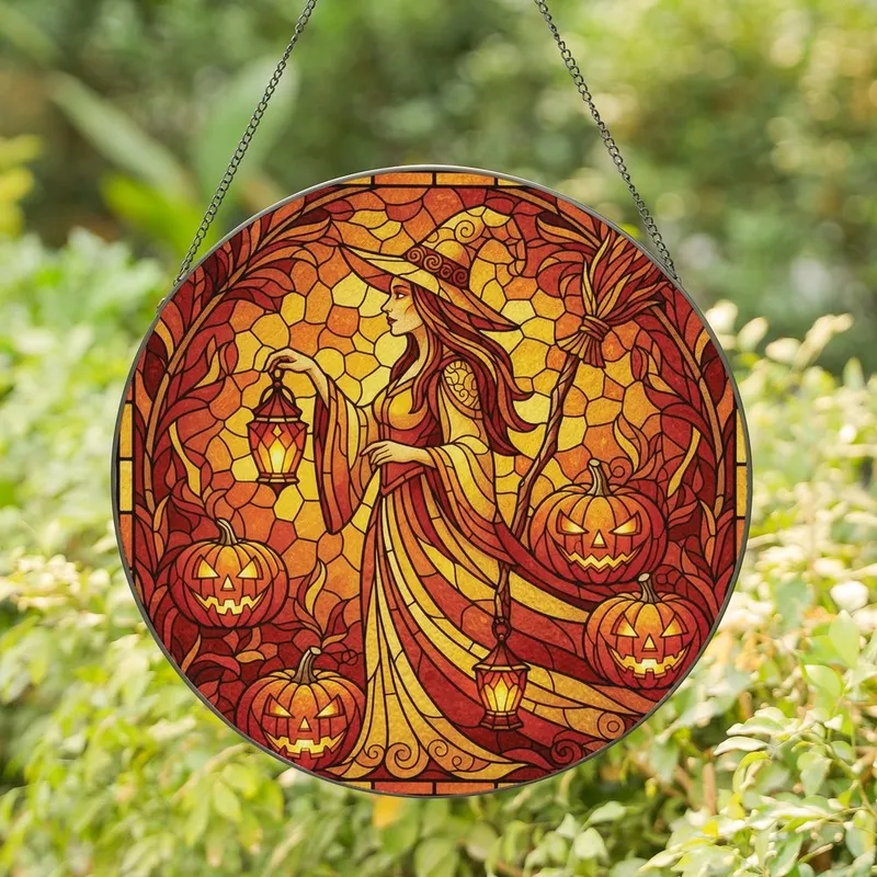 Witchy Aesthetic Enthusiasts' Stained Glass Witch, Glowing Lantern, Jack-o'-lanterns, Amber Gold Floral Mosaic Stained Glass Suncatcher - lJNY1Si6Zp
