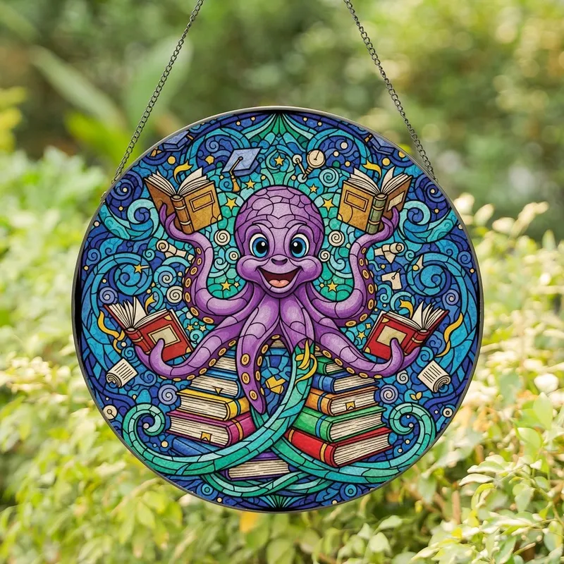 Book Lovers' Tiffany Stained Glass Purple Octopus Reading Books & Academic Mosaic Jewel Tones Stained Glass Suncatcher - S9pUqDp9Xw