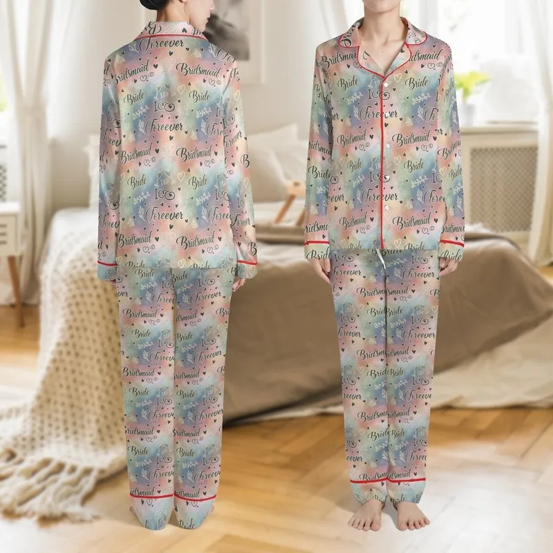 Bridal Party Design: Elegant Script Wedding Words, Watercolor Hues & Delicate Details Satin Pajamas Set - 1