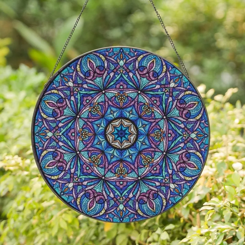 Art Lovers' Tiffany Stained Glass Jewel Tone Mandala Azure Turquoise Amethyst Pink Amber Intricate Full-Frame Stained Glass Suncatcher - 1