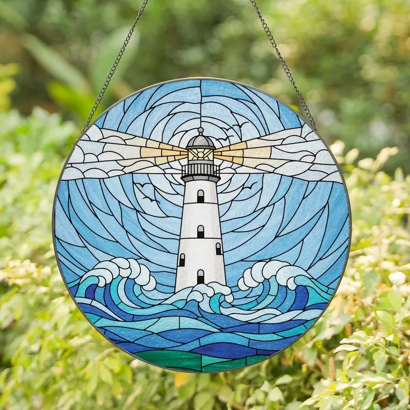 Coastal Enthusiasts' Detailed Tiffany Stained Glass Lighthouse Crashing Waves Amber Blue Teal Emerald Green Mosaic Art Stained Glass Suncatcher - RGLjkK0Qrz