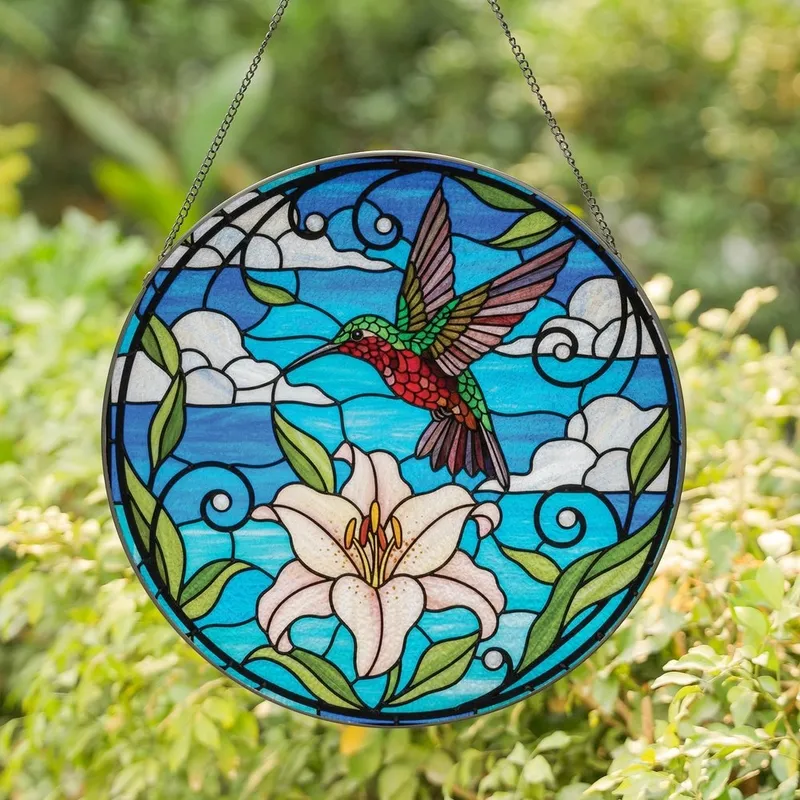 Nature Lovers' Tiffany Style Stained Glass Hummingbird Lily Floral Mosaic, Vibrant Jewel Tones, Intricate Black Lead Lines Stained Glass Suncatcher - 1