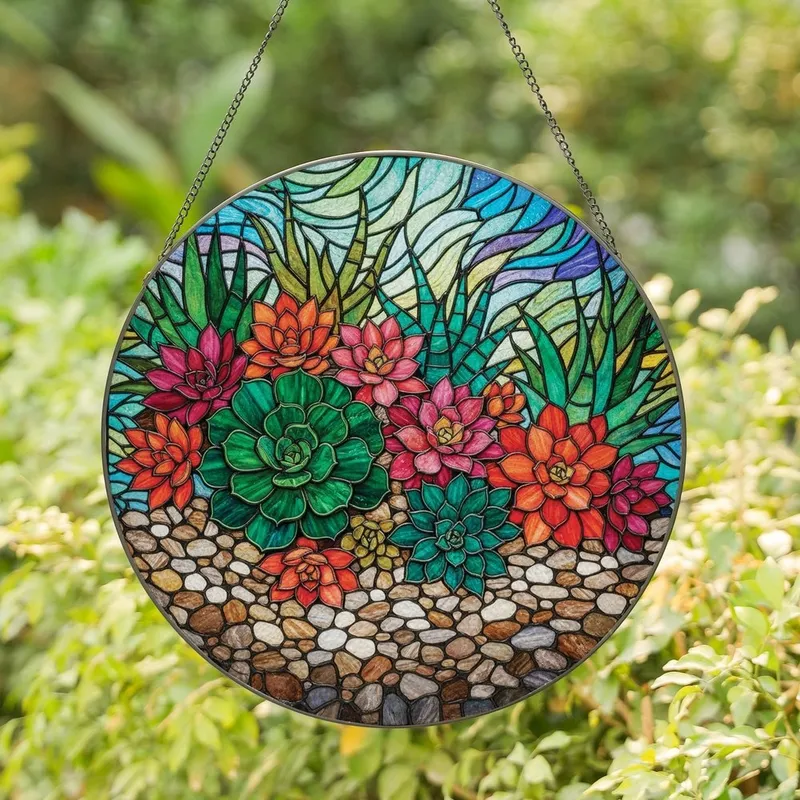 Succulent Lovers' Tiffany Style Stained Glass Emerald Coral Teal Succulent River Stone Mosaic Stained Glass Suncatcher - RemyUmoVx9