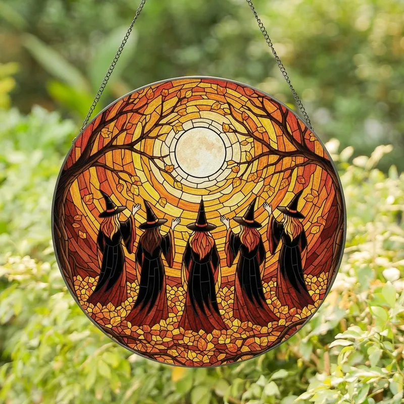 Fantasy Art Enthusiasts' Stained Glass Witches Gathering Autumn Moon Orange Yellow Mosaic Stained Glass Suncatcher - 1