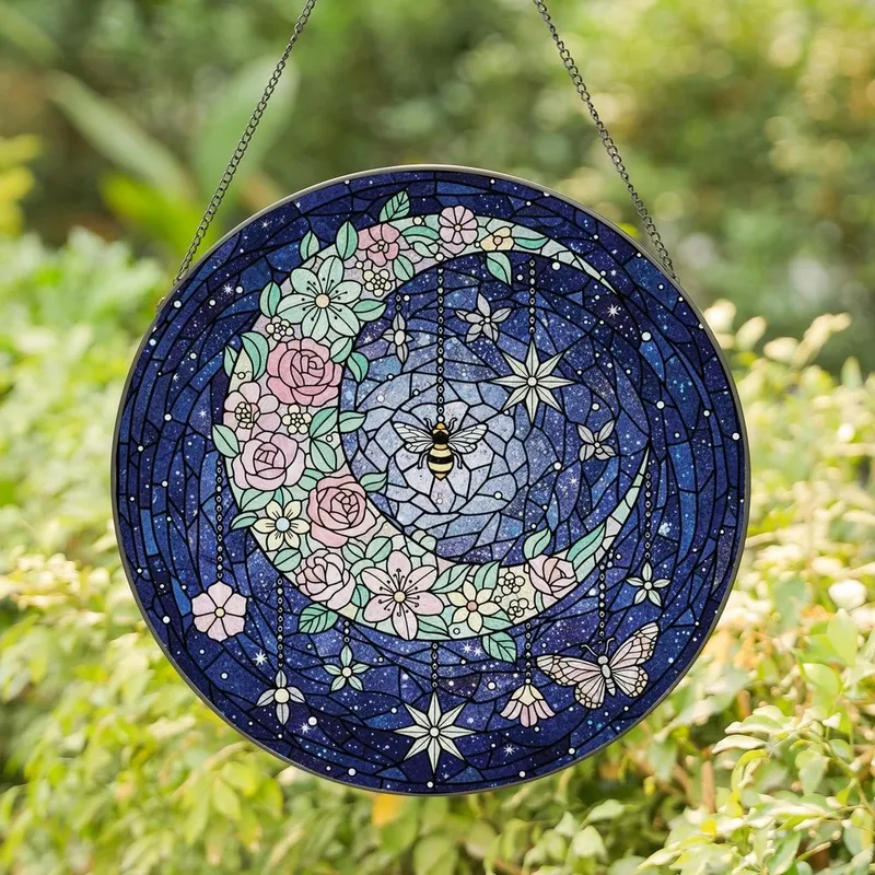 Celestial Dreamers' Tiffany Stained Glass Crescent Moon Floral Bee Butterfly Pastel Mint Pink Teal Mosaic Stained Glass Suncatcher - 1
