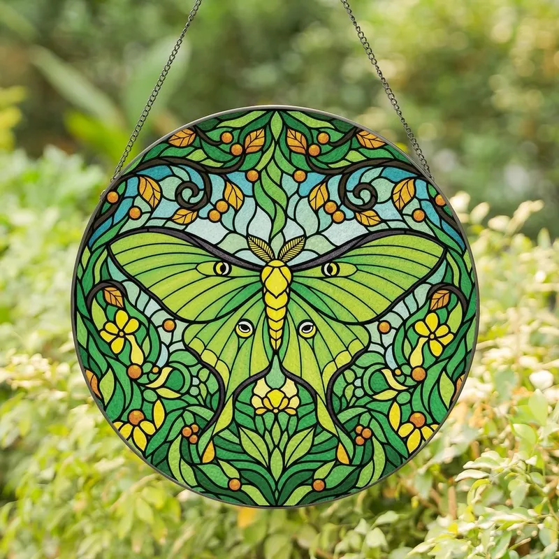 Nature Lovers' Vibrant Luna Moth Stained Glass Tiffany Style Lime Green Amber Foliage & Tendrils Stained Glass Suncatcher - 1