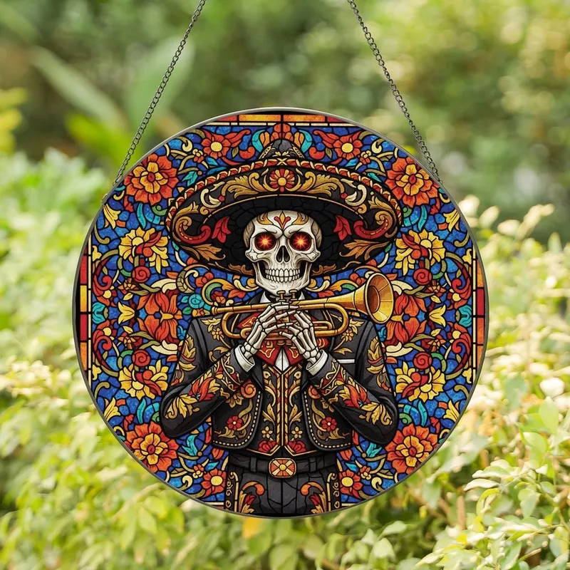 Festive Art Lovers' Detailed Stained Glass Skeletal Mariachi Trumpeter Ornate Marigold Mosaic Jewel Tones Stained Glass Suncatcher - 1