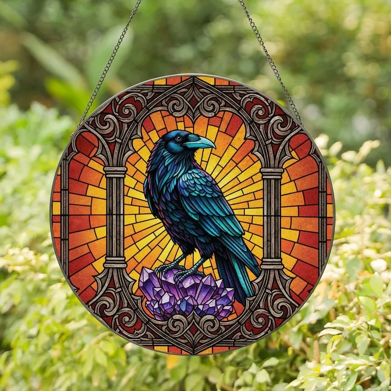 Mystical Art Lovers' Tiffany Stained Glass Raven Iridescent Teal Wings Glowing Purple Crystals Gothic Frame Amber Orange Mosaic Stained Glass Suncatcher - 1