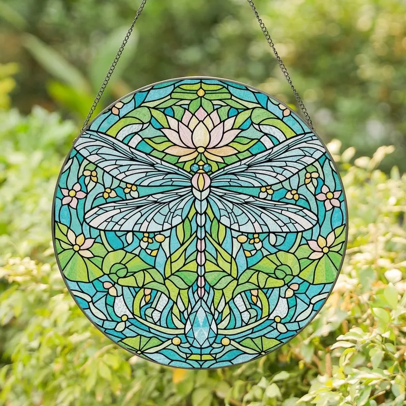 Stained Glass Art Lovers' Tiffany Dragonfly Lotus Pink Yellow Teal Water Mosaic Stained Glass Suncatcher - 1