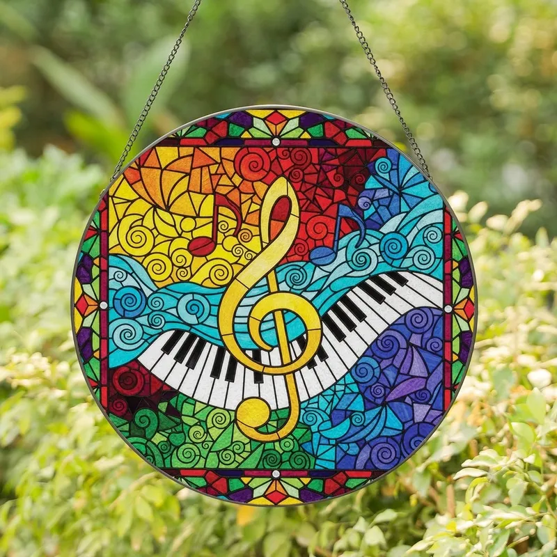 Music Lovers' Golden Treble Clef Piano Stained Glass Jewel Tone Mosaic Design Stained Glass Suncatcher - 1