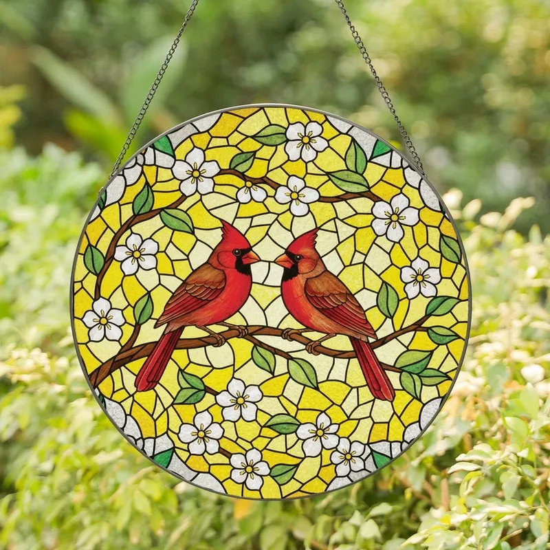 Bird Enthusiasts' Tiffany Style Stained Glass Cardinal Birds Red White Yellow Floral Nature Art Stained Glass Suncatcher - 1
