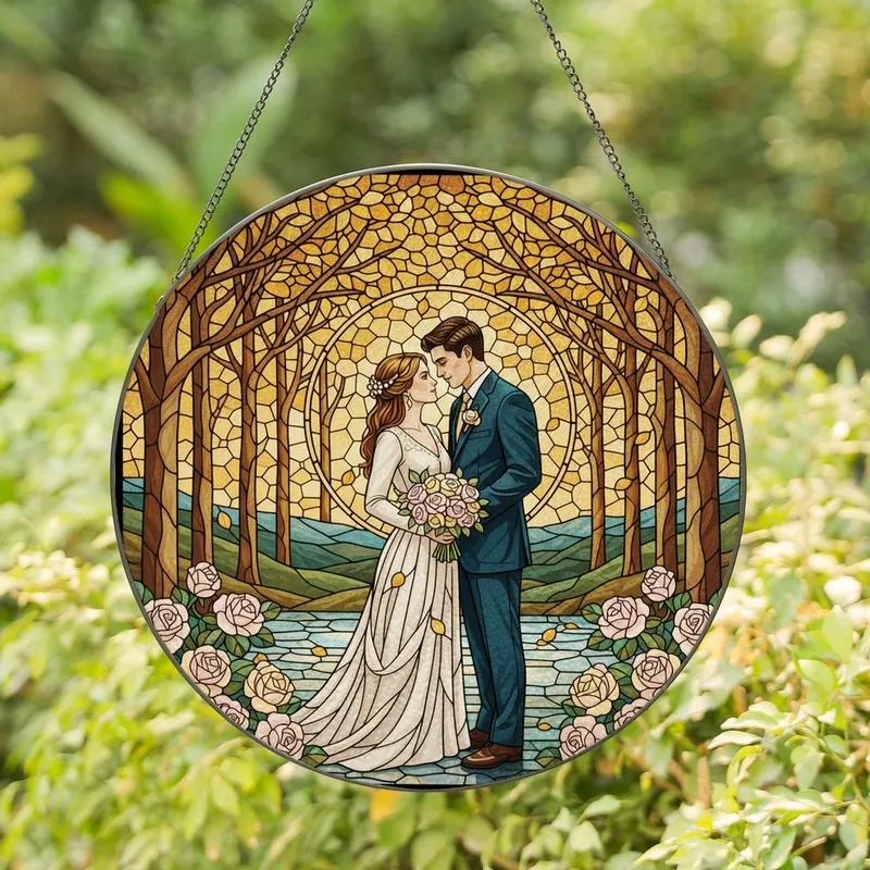 Couples' Golden Amber Stained Glass Wedding Embrace, Intricate Autumn Forest & Jewel Tones Stained Glass Suncatcher - T9ine53Jj8