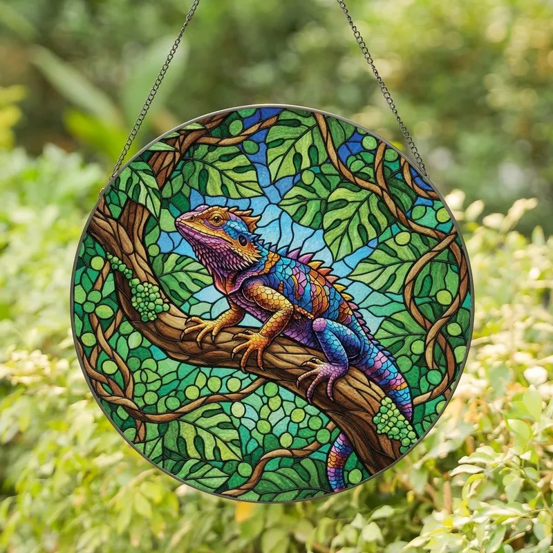 Reptile Enthusiasts' Tiffany Style Stained Glass Iridescent Lizard Tropical Art: Sapphire, Orange, Purple Hues Stained Glass Suncatcher - 1
